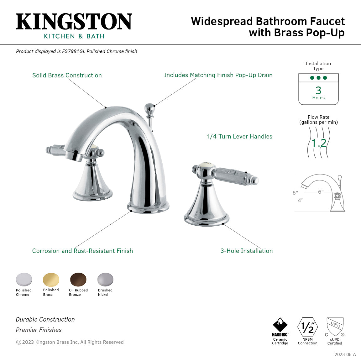 Kingston Heirloom FS7981GL - Georgian Two-Handle 3-Hole Deck Mount Widespread Bathroom Faucet with Brass Pop-Up, Polished Chrome — thumbnail 2